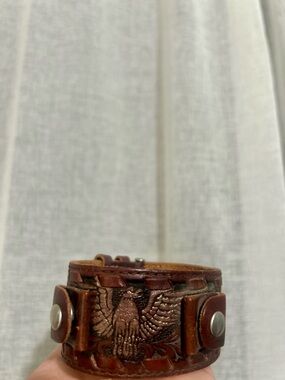 Fossil Brown Tooled Leather Wide Cuff Bracelet